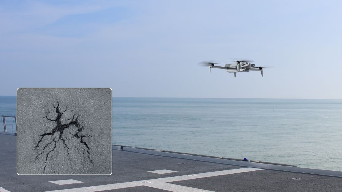 Skydio inspection drone capture of crack surface of aircraft carrier