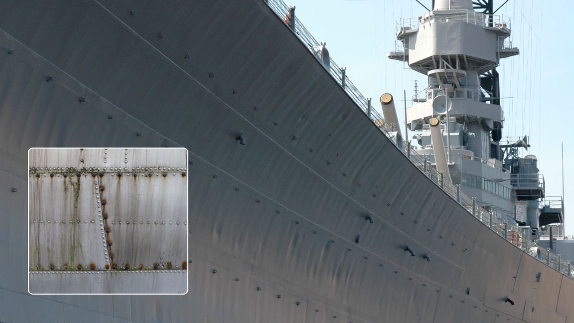 Skydio inspection drone capture of rust on the steel hull of a military ship