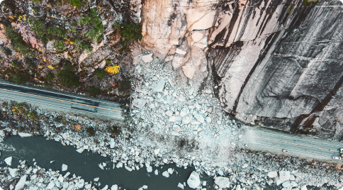 Skydio drone view image of a landslide over a highway